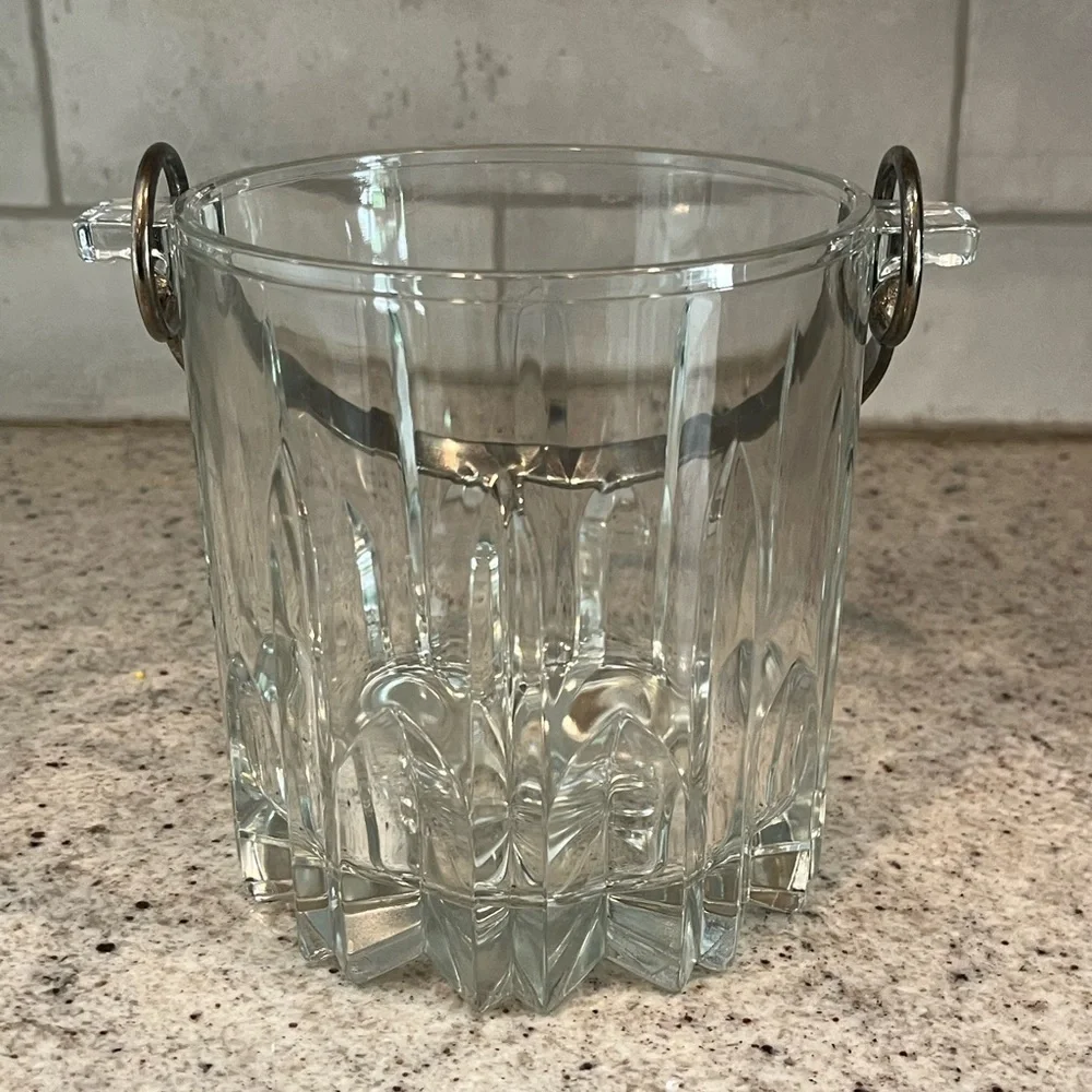 Italian Faceted Crystal Glass Mini Ice Bucket Removable Silver-Plated Bit Handle